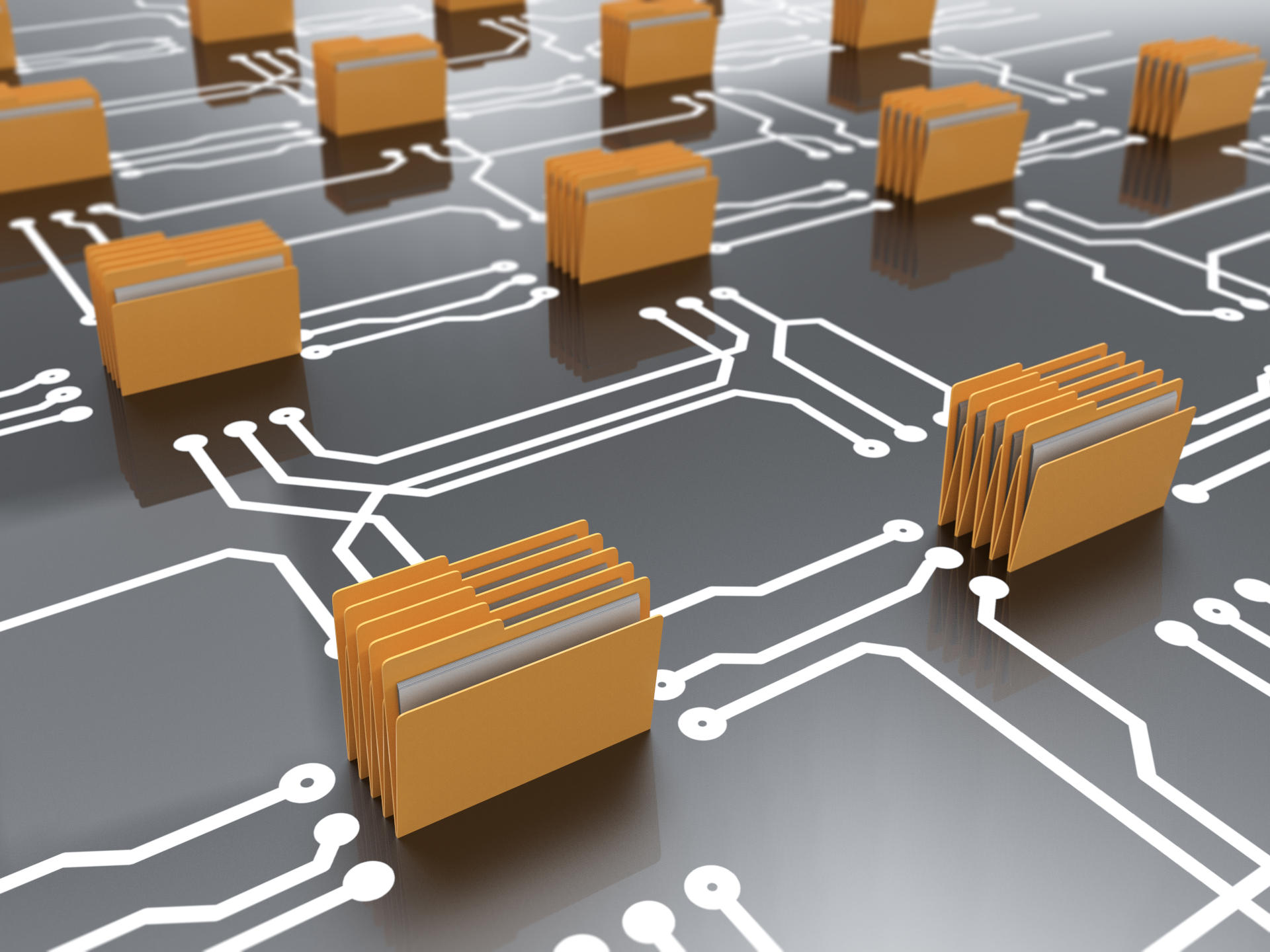 Piktogramme von Ordnern die auf einer Platzine stehen.